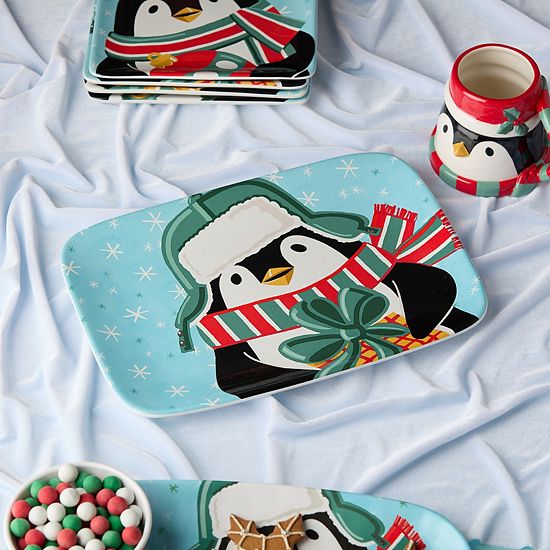  Certified International Christmas Whimsy Penguin 14-Inch X 10-Inch Rectangular Platter