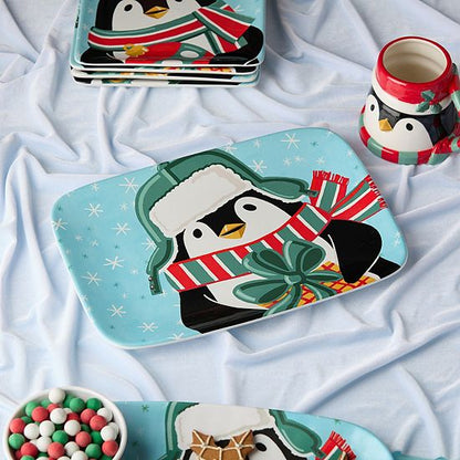  Certified International Christmas Whimsy Penguin 14-Inch X 10-Inch Rectangular Platter