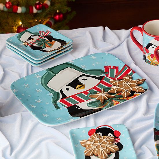  Certified International Christmas Whimsy Penguin 14-Inch X 10-Inch Rectangular Platter