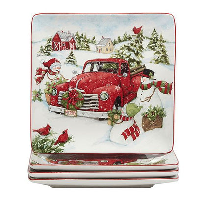  Certified International Red Truck Snowman 4-pc. Dinner Plate Set