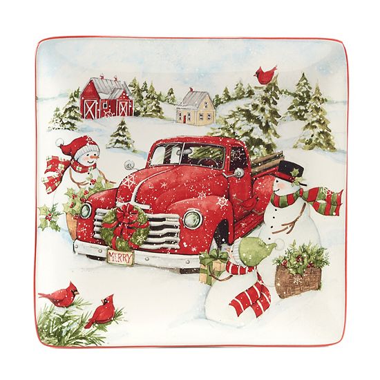  Certified International Red Truck Snowman 4-pc. Dinner Plate Set