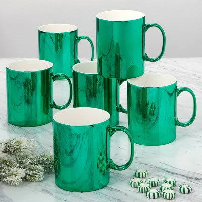  Certified International Set Of 6 Holiday Lights 16oz Mugs Green