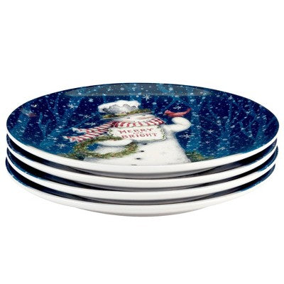  Certified International Set Of 4 Snowman Greetings Dinner Plates