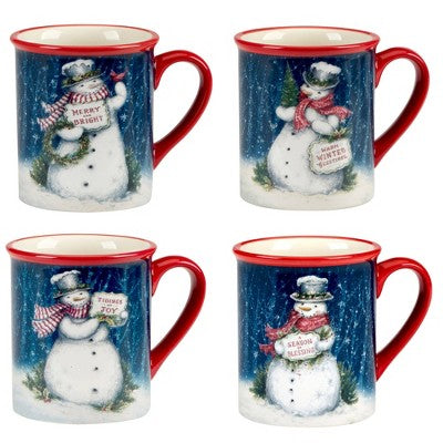  Certified International Set Of 4 20oz Snowman Greetings Mugs